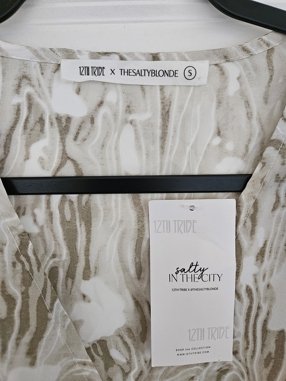 12th Tribe X The Salty Blonde Marble-Print Semi-Sheer Blouse in Beige - Picture 2 of 5